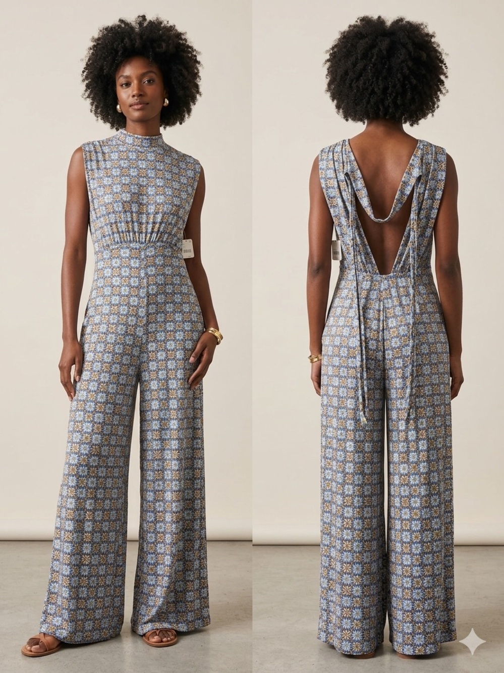 Free People Blue Floral-Print Sleeveless Wide-Leg Jumpsuit